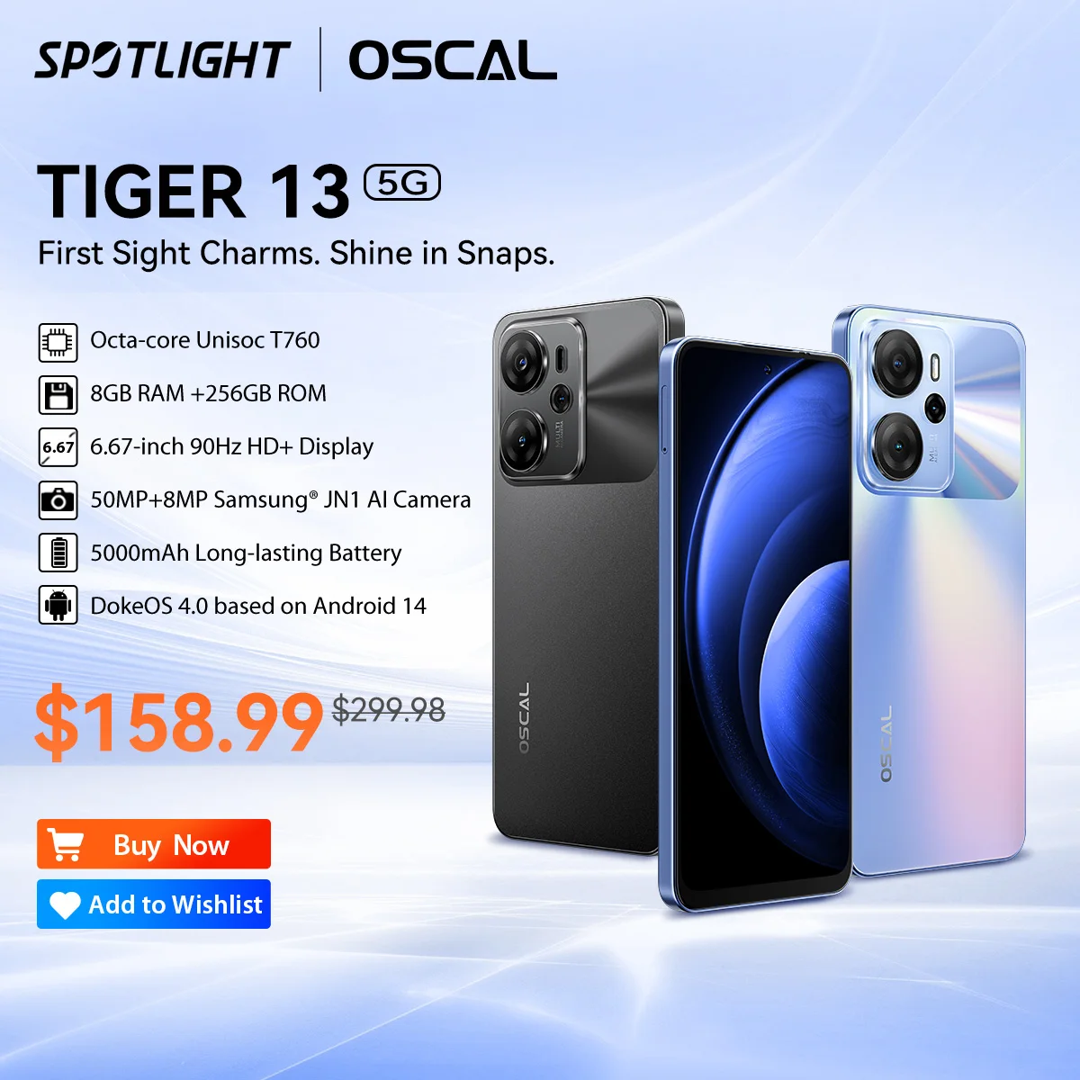 [Światowa premiera] OSCAL TIGER 13 5G Smartphone Unisoc T760, 6,67-calowy wyświetlacz IPS, 8 GB + 256 GB, 50-megapikselowy aparat AI NFC telefon komórkowy 5000 mAh