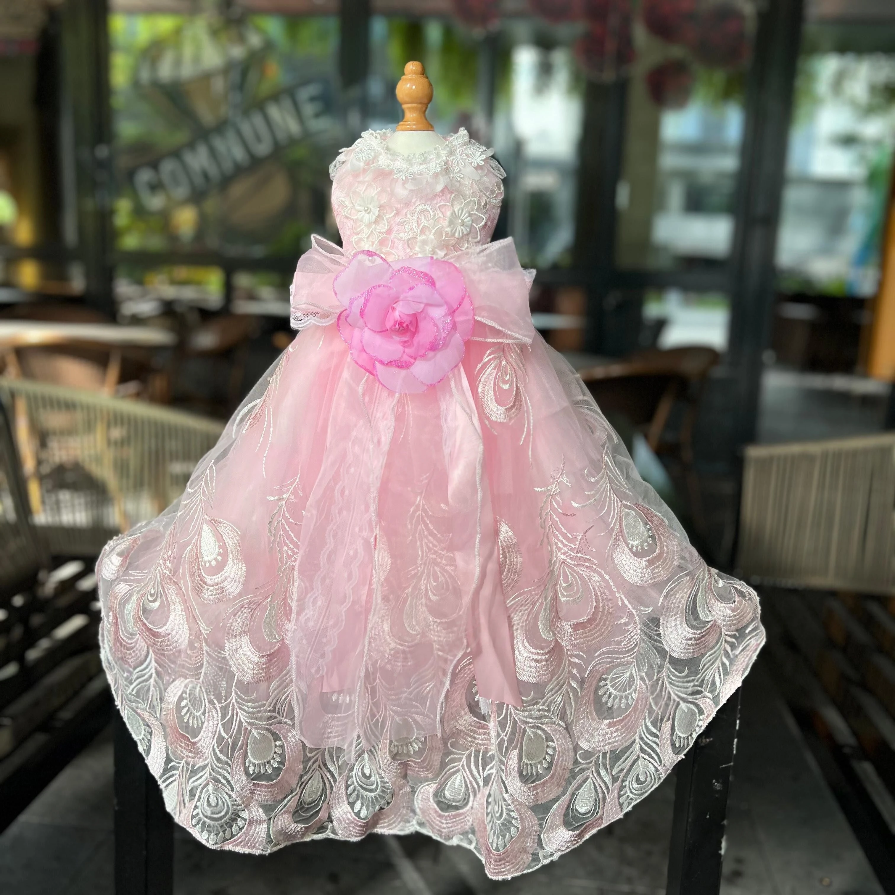 

Pet Dog Clothes Photography Dress Fashion Simple Light Green Pink Blue Puppy Clothing Luxury Pearl Bow Long Tail Dress Poodle