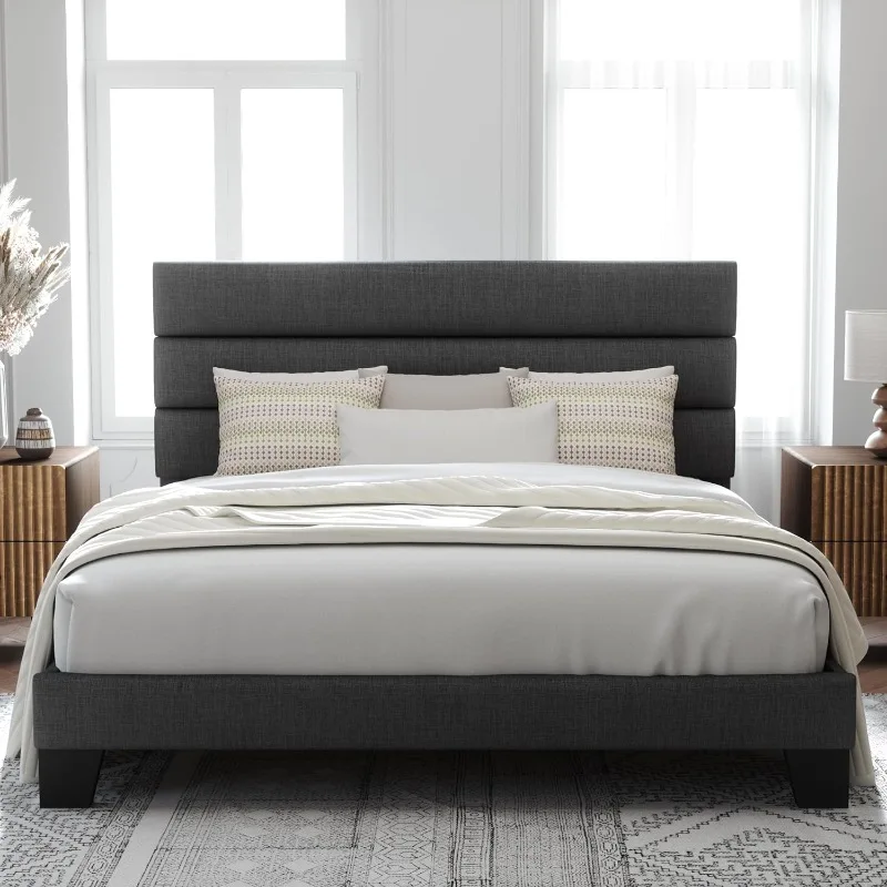 King Bed Frame Platform Bed with Fabric Upholstered Headboard and Wooden Slats Support, Fully Upholstered Mattress Foundation