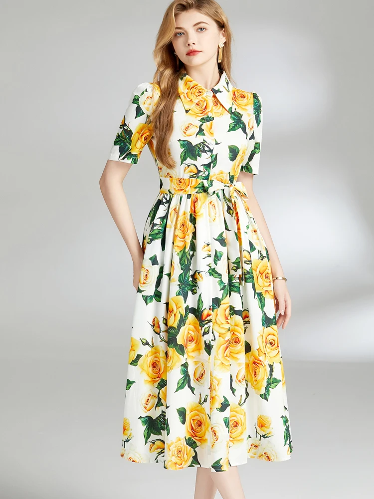 Fashion Casual Bloemenprint Shirt Jurk Voor Vrouwen Zomer Revers Korte Mouw Vrouwelijke Elegante Boog Riem Vakantie Feestjurk Vestidos