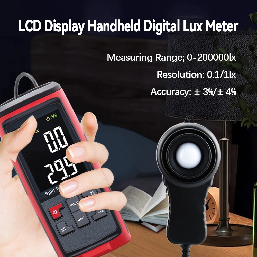 WENMEICE Handheld Digital Lux Meter 0-200000 Lux Luminance Tester Photometer Photography Luxmeter Detachable Probe Light Tester