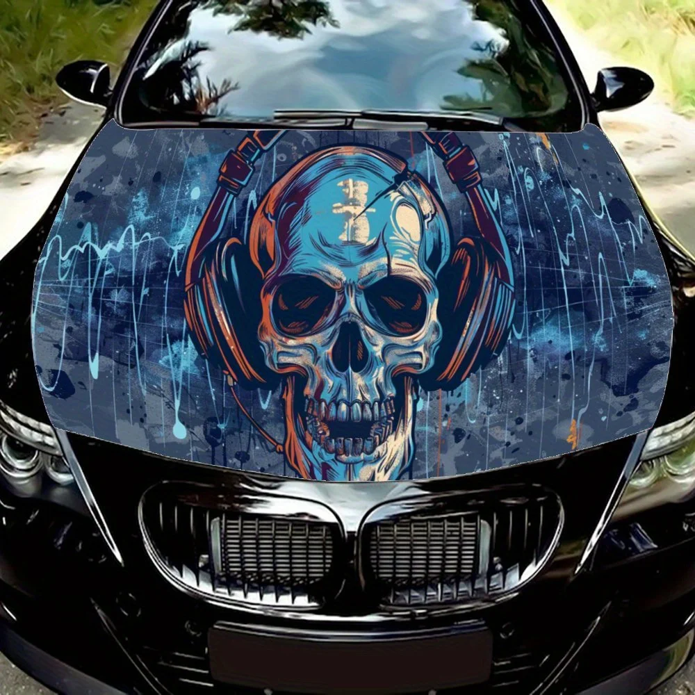 

Skull Headphones Music Blue Sonic Car Hood Wrap Color Vinyl Sticker Truck Graphic Bonnet Auto Accessories Decoration Decal Gift