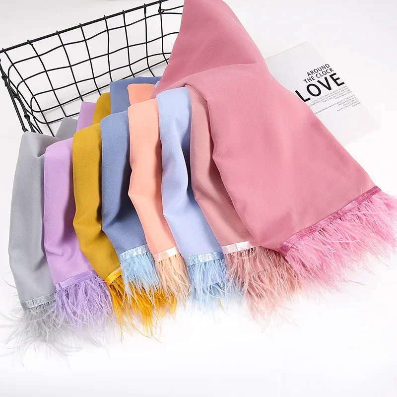 

Fashion Single-Side Feather Chiffon Scarves femme Hijabs Pashmina Turban Malaysia Muslim Women Plain Headscarf Wrap Long Shawl