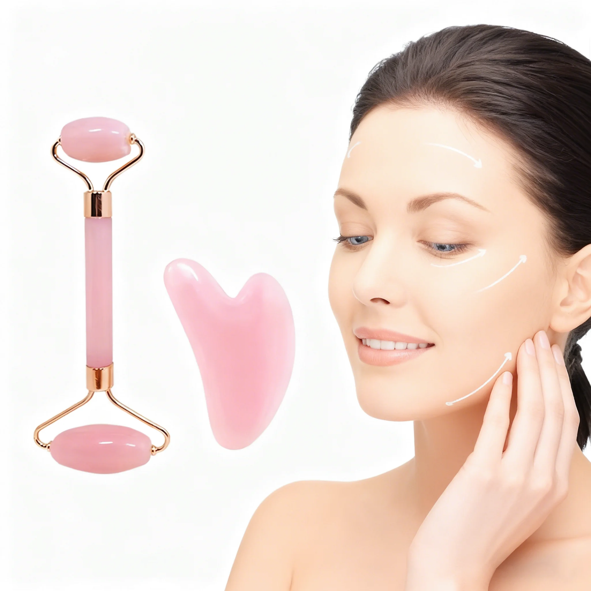 Pink Double Head Roller Facial Massager Set Heart Shaped Gua Sha Scraping Tool Full Body Massage Beauty Stick IW Skin Care Tools