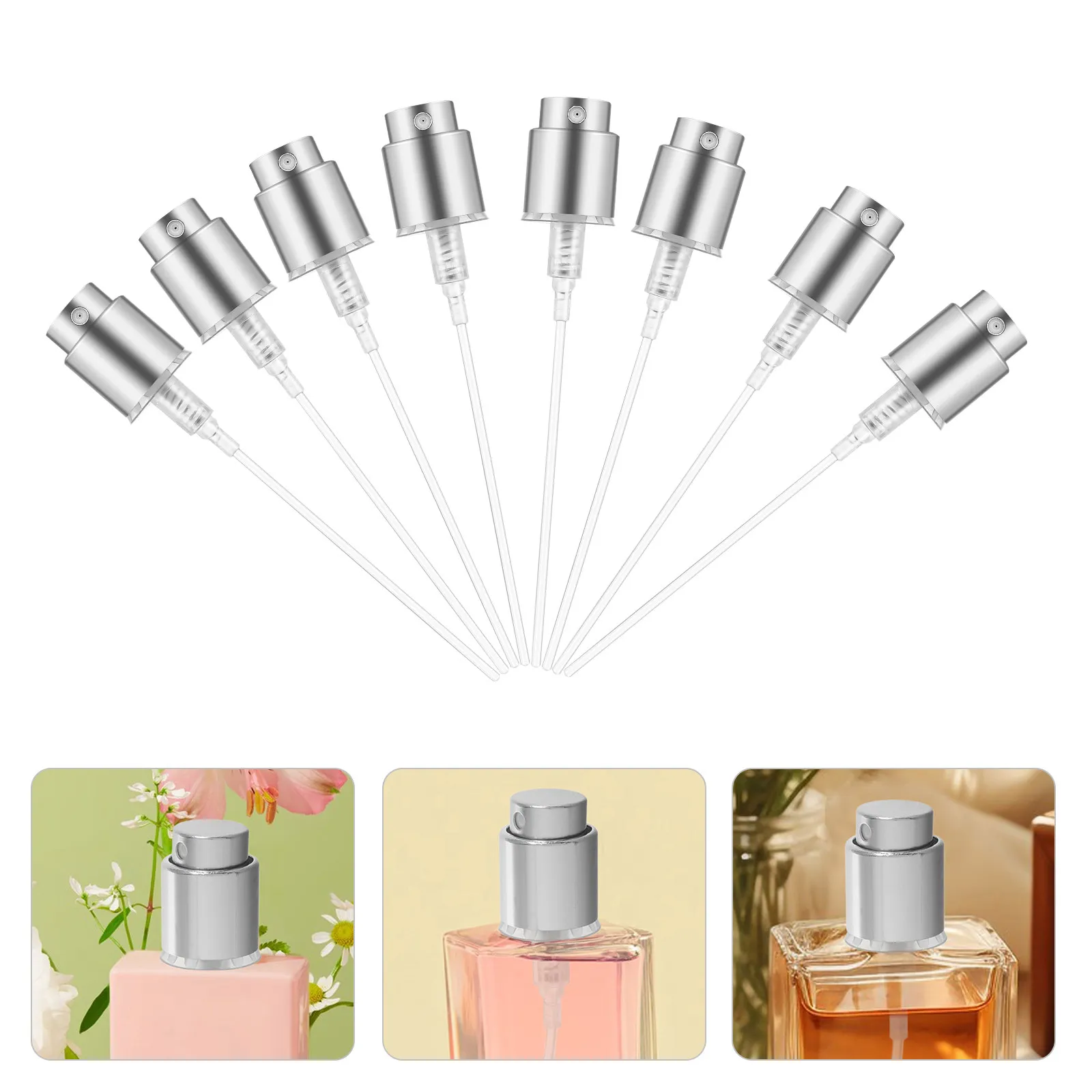 

12 комплектов серебристых пластиковых сменных насадок-распылителей для флаконов духов, насадки-помпы для мелкодисперсного распыления, для путешествий и самостоятельного изготовления парфюмерии