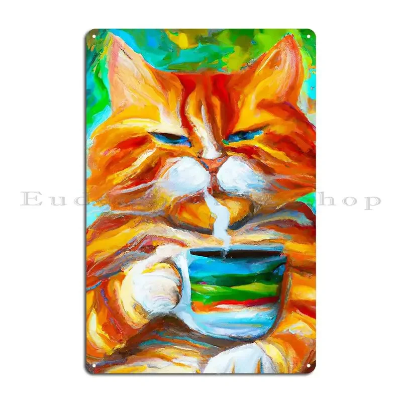 Morning Cat Feine Colorful Impressionistic Portrait Of A Cat Drinking Coffee Metal Sign Living Room Create Club Tin Sign Poster