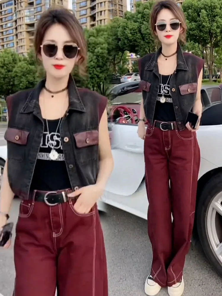 

Джинсовый жилет Ele Jaet с воротником-стойкой, винтажная модная верхняя одежда для женщин, повседневная одежда на одной пуговице