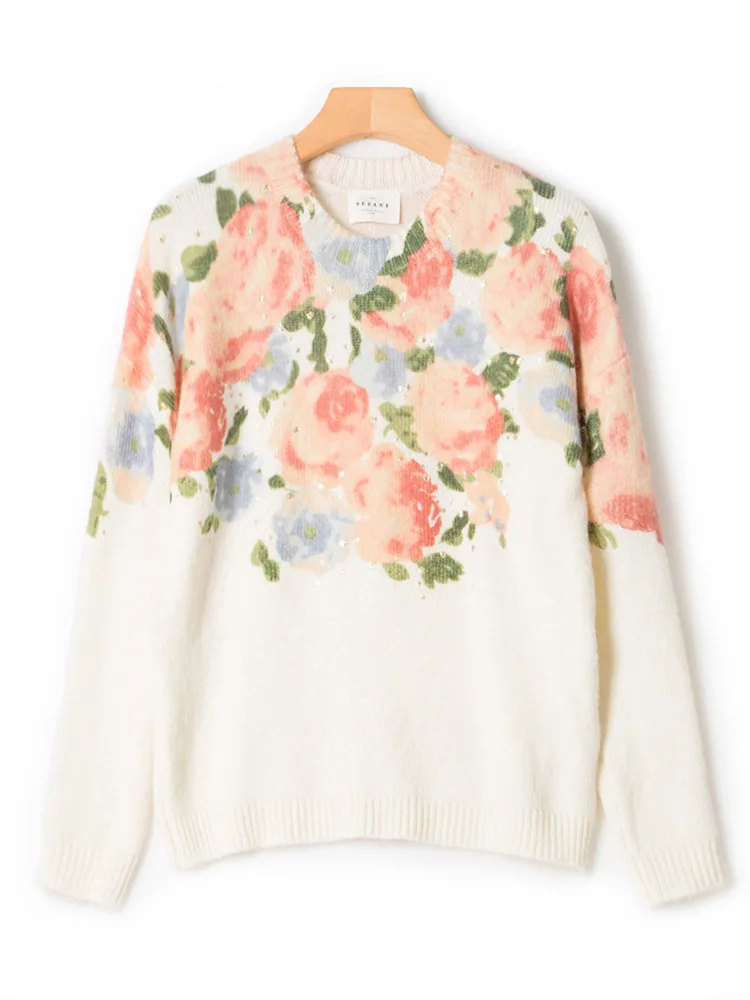 

Мягкий вязаный худи с цветочным принтом и золотыми пайетками для ранней весны, модный, простой, универсальный, женский, с длинным рукавом, из нейлоновой смеси