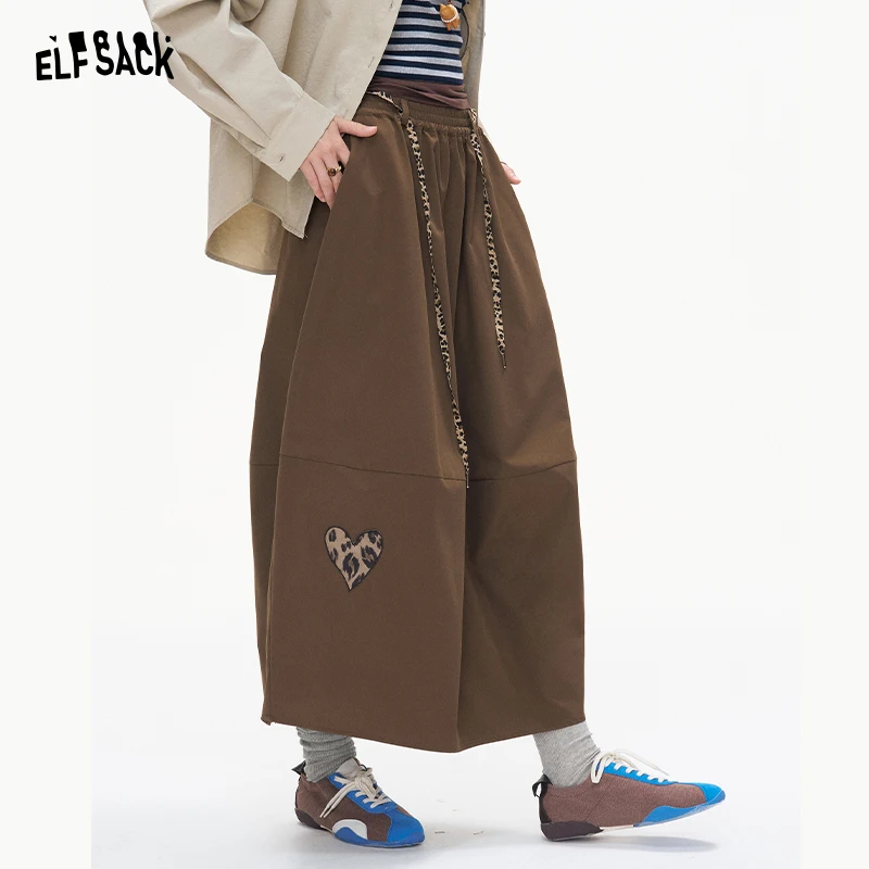 ELFSACK Women's Loose Midi Skirt with Heart Print & Elastic Drawstring Waist, Green Casual Wear for Everyday Outdoor