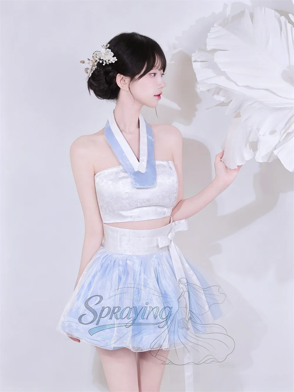 SPRAYING Modern Organza Mini Hanbok Concert Strapless Satin Korean Personal Photo Shoot Gown Short Prom Party Gown Customized