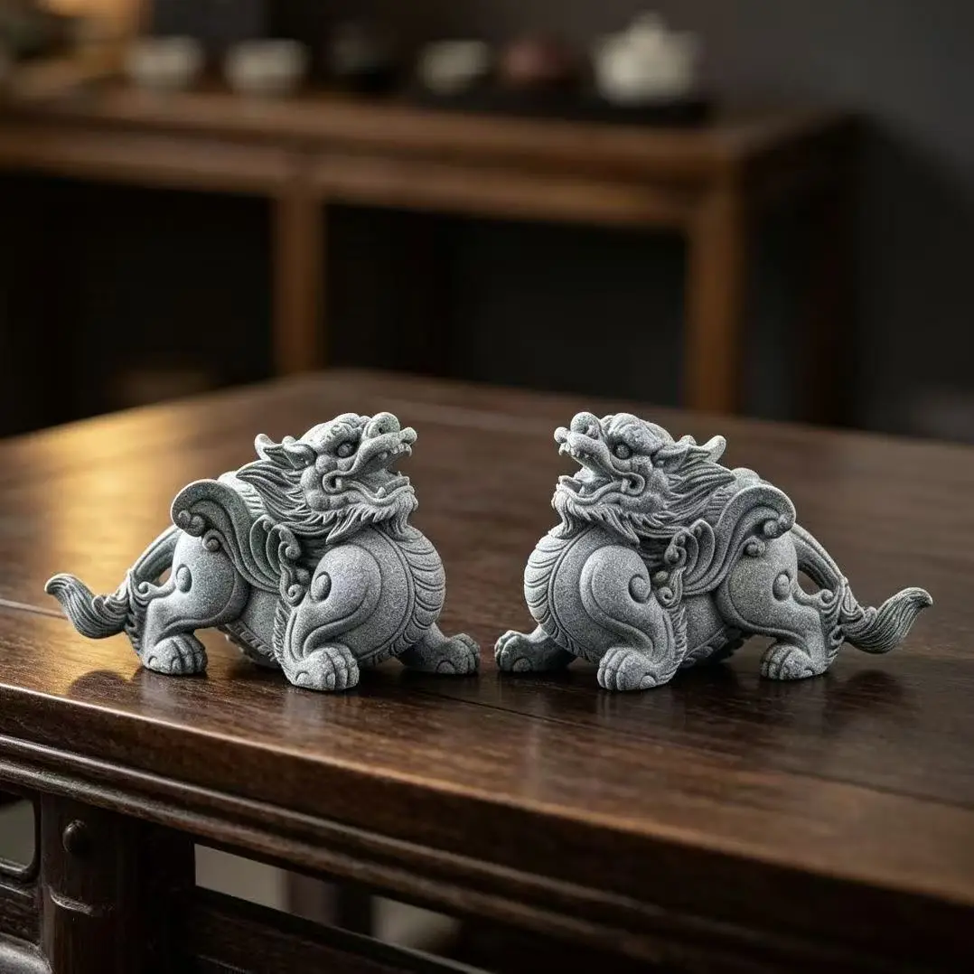 2 pcs Green Sandstone Mascot Qilin Statue Mythical animal Home Room & Office Table decoration Wealth Luck Feng Shui Decor