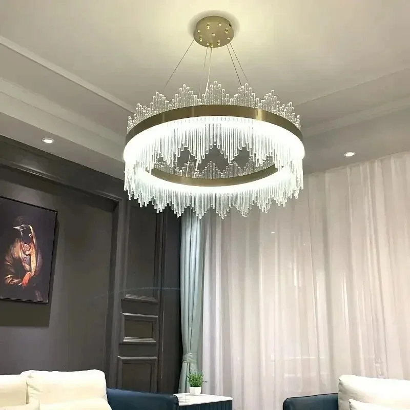 Luxury Circular Glass Stick Pendant Lamp Brushed LED Hanging Light  Glass Tube Chandelier Dining Table Lobby Lighting