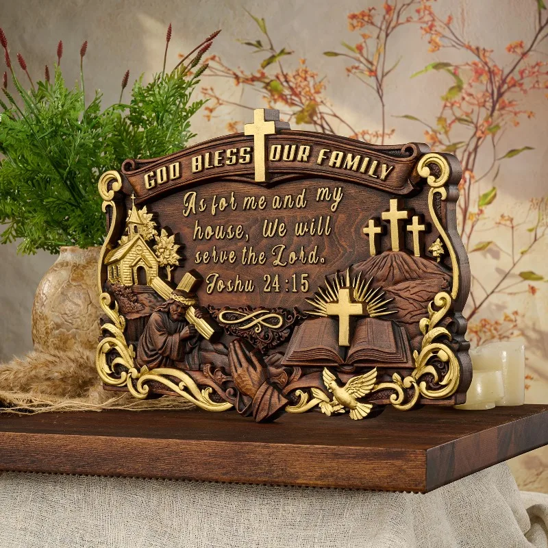 High Quality Wooden Religious Wall Plaque God Bless Our Family Carved Relief Wall Art Joshua Bible Verse Home Decor