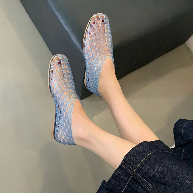 Ins style Fashion Transparent Jelly Shoes Women Hollow out Loafers Flats Casual Vacation Beach Summer Sandals Walking Lazy Shoes