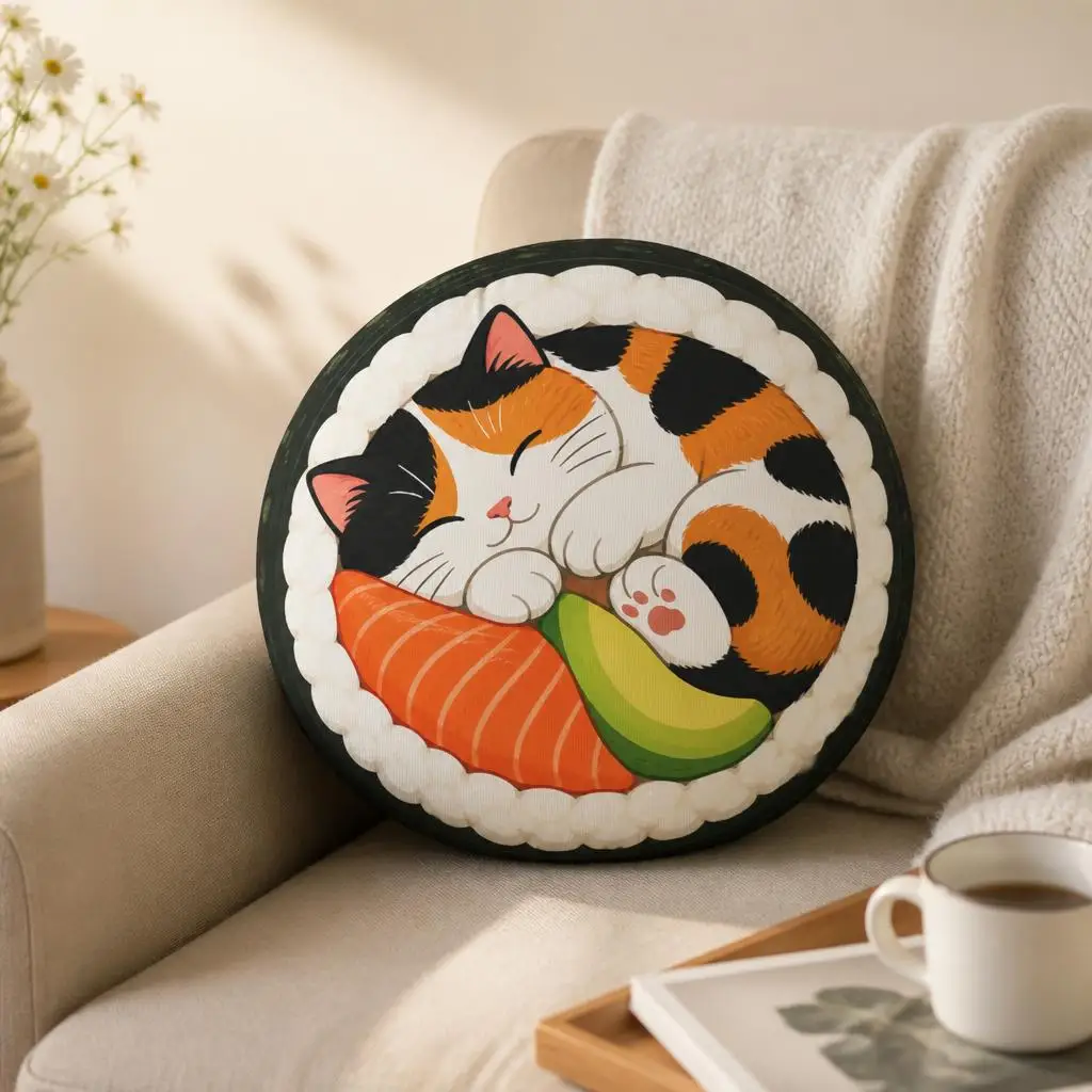 Calico Cat Sushi Roll Pillow Cute Japanese Food Cushion Plush Stuffed Throw Pillow Cat Lover Gift Irregular Home Decor