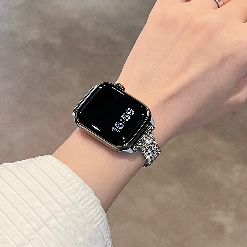 Apple Watch 10 밴드 용 다이아몬드 메탈 스트랩 42mm 41mm 46mm 44/49mm 45mm 40mm 여성 벨트 팔찌 iWatch 시리즈 9 8 7 Se 6 Ultra