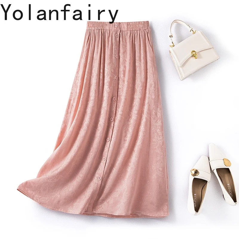 

YOLANFAIRY 93% Real Mulberry Silk Skirt Long Large-swing Elegant Summer Skirts Woman Soft Pink Skirt with Pockets jupe satin