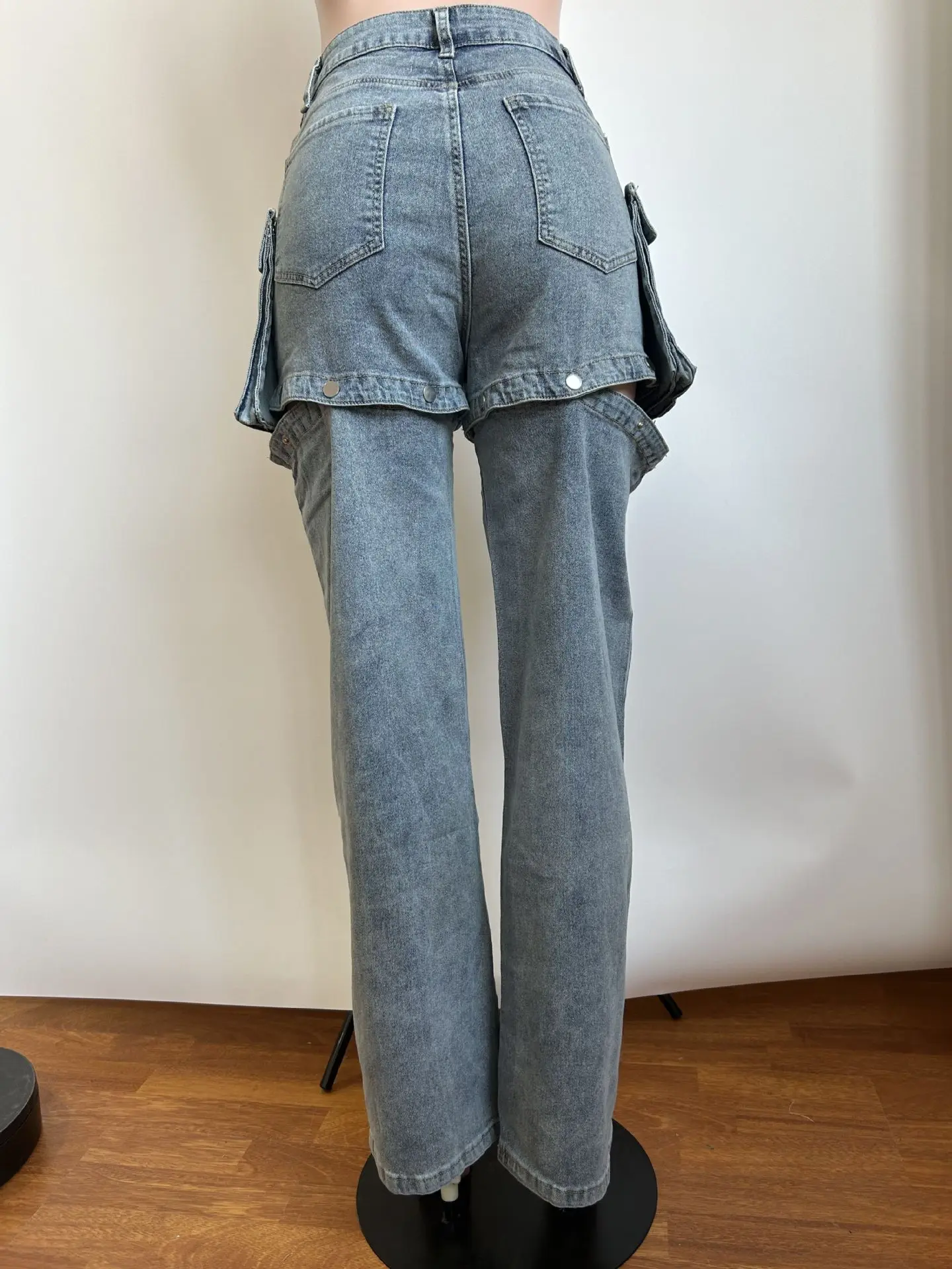 Pantalones vaqueros de pierna ancha desmontables para mujer, pantalones Cargo elásticos de cintura alta ahuecados, moda de primavera y verano