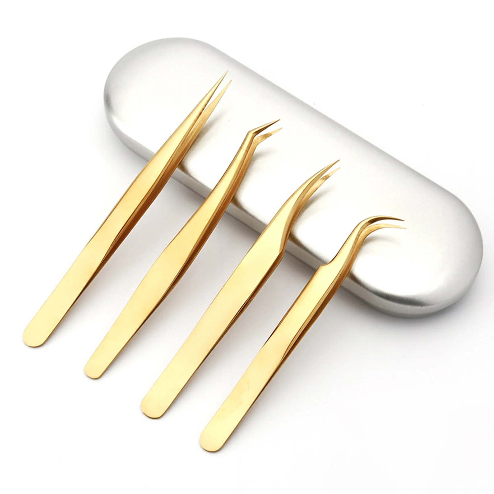 ゴールドカラーのステンレス鋼まつげエクステンションピンセット湾曲したまつげピンセットまつげネイルメイクツール