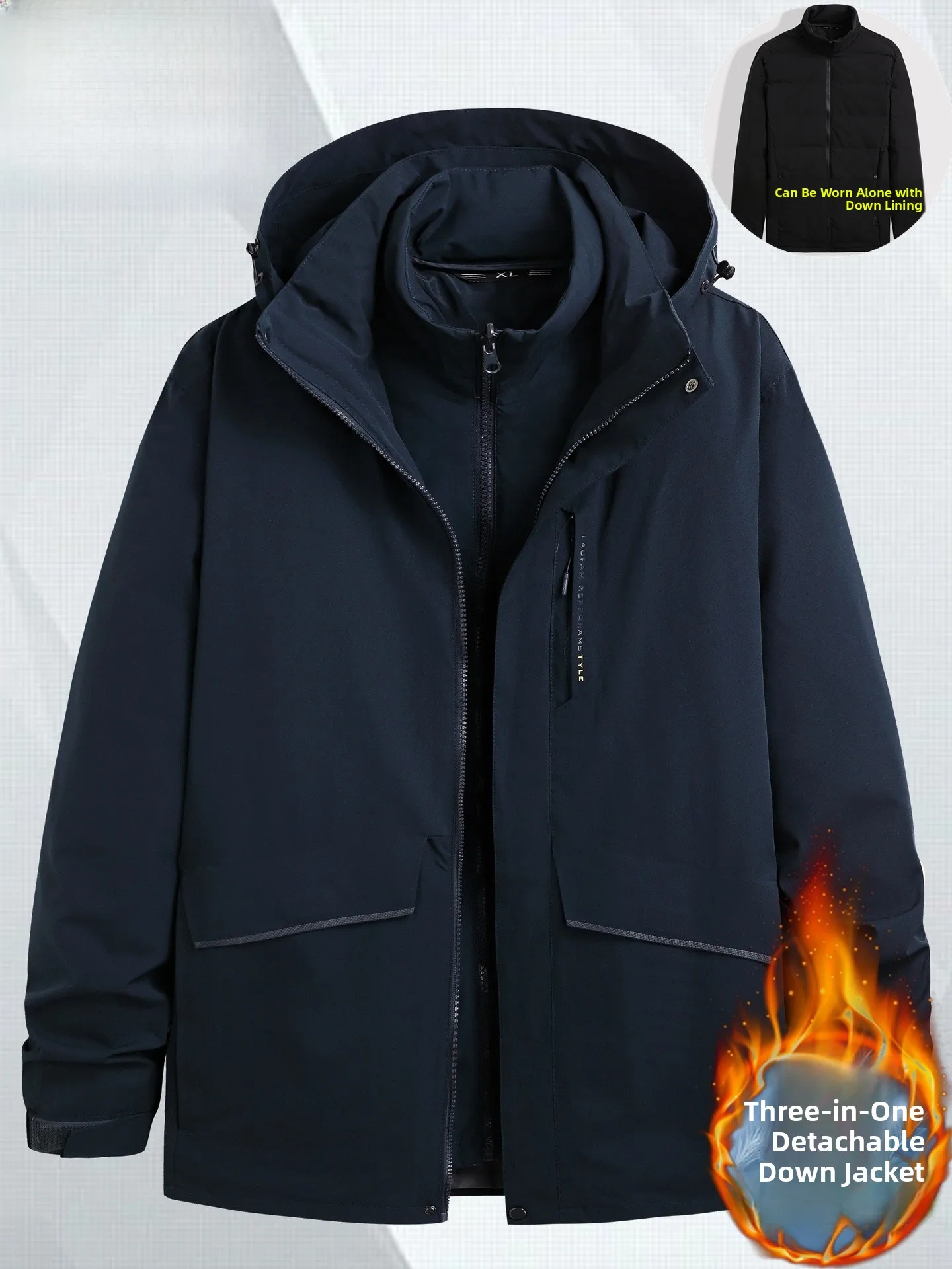 

Pierre Cardin Men's Tee-in-One Detachable down Inner Jaet Large Size Dad down Coat Windproof Casual Sle Polyester Fabric