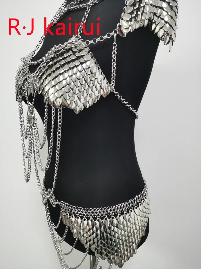 New Fashion RJFS27 Silver Fish Scales Shoulder Chains Bra Layers Chain Mail Dragon Scale Belly Jewelry