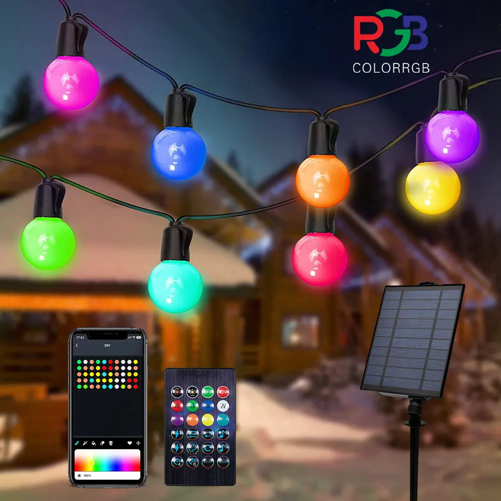 Solar Outdoor Smart String Lights,APP Control+Remote ,Color Changing String Lights with RGB G40 Led String Lights Outdoor IP65