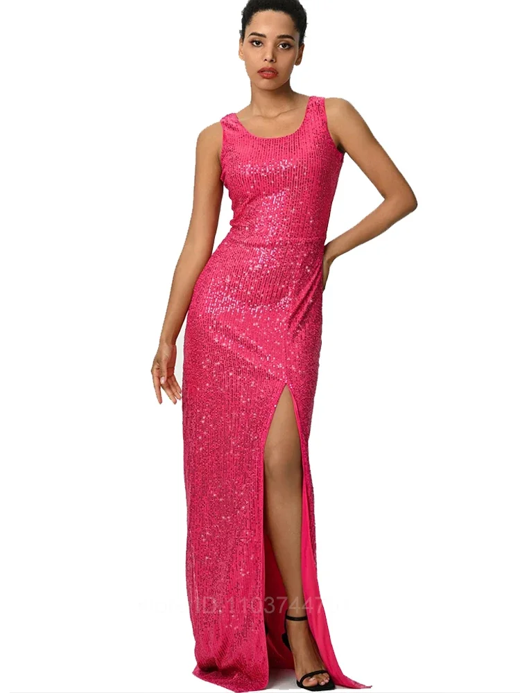 

2024 Sequined Rose Red Mermaid Evening Dresses For Women Party Sexy Spaghetti Strap Backless Long Split Formal Prom Party Gown