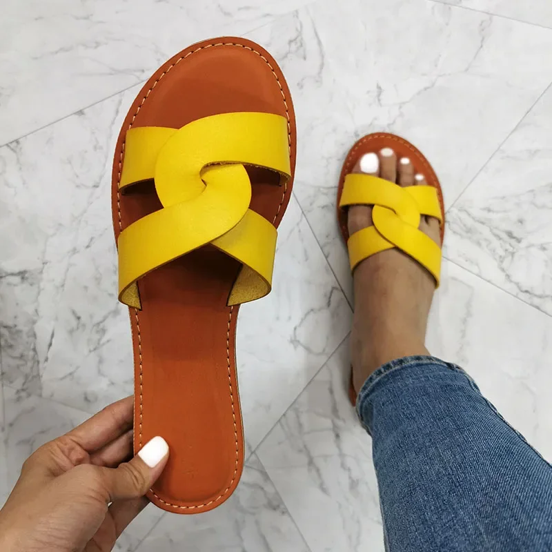 Women Fashion Sandals Casual Flat Beach Shoes Summer Female  Brand Leather Slip on Slides Solid Color Outdoor Woman Sandal