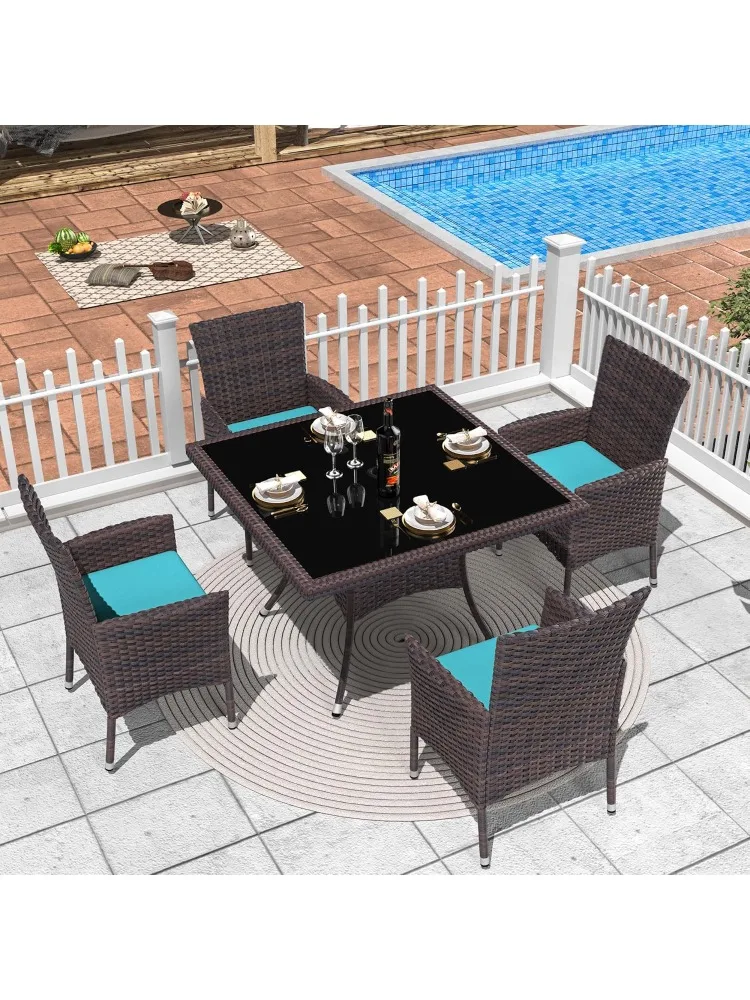 

Outdoor Dining Set,Rattan Patio Conversation Set of 4 Chairs,Patio Dining Table and Chairs w/Cushions,Square Glass Table