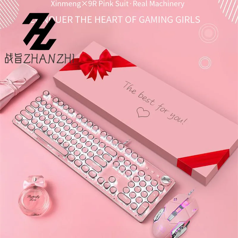Game Mechanical Keyboard and Mouse Kit Universal Vintage USB Wired Blue Switch Round Keycaps Esports Pink Keyboard and Mouse Set