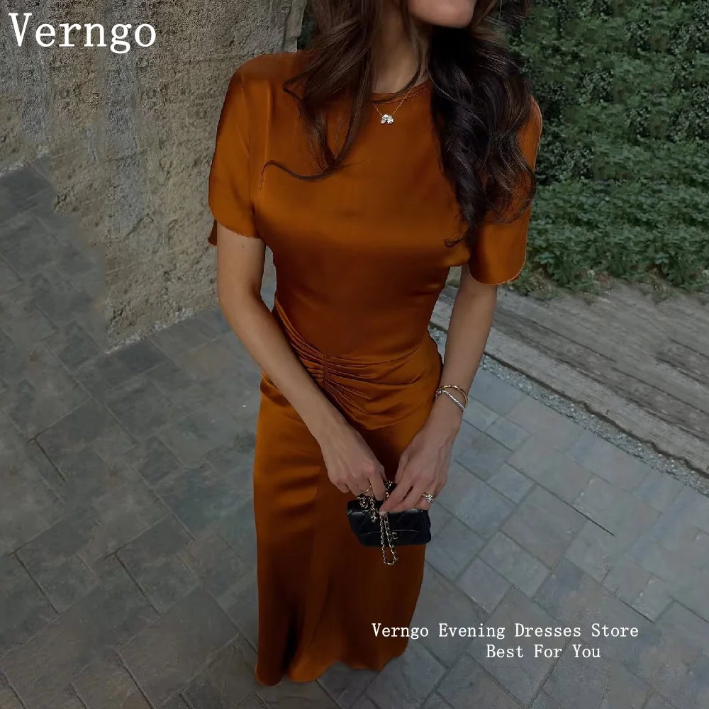Verngo Caramel Brown Satin Maxi Dress Round Neck Short Sleeve Waist Ruched Bodycon Long Elegant Wedding Guest Dress Customized