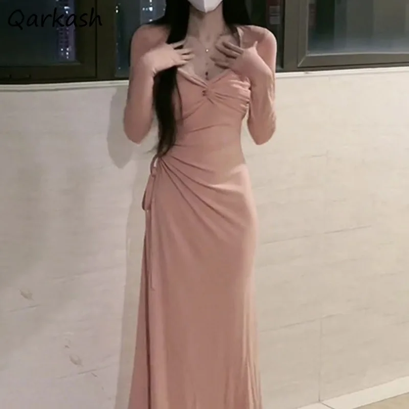 

Платья с v-образным вырезом для женщин, весенне-осенняя одежда с длинными рукавами, уличная одежда для молодых девушек, сексуальные узкие тонкие весенние универсальные однотонные шикарные платья