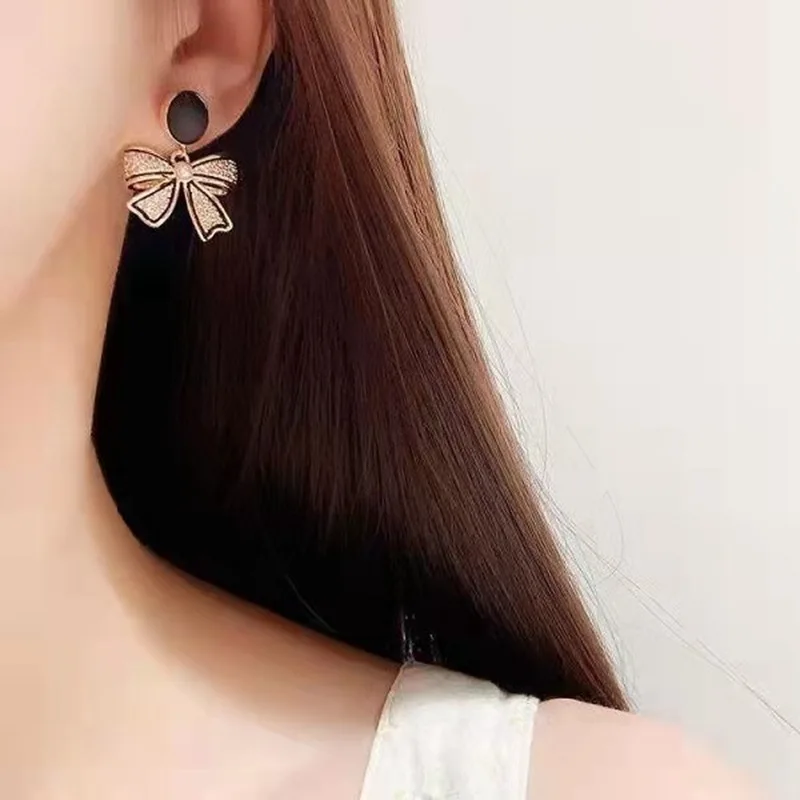 Korean Style Black Bowknot Dangle Earrings for Women Rhinestone Heart Shape Geometric Tassel Earrings Weddings Party Jewelry Gif