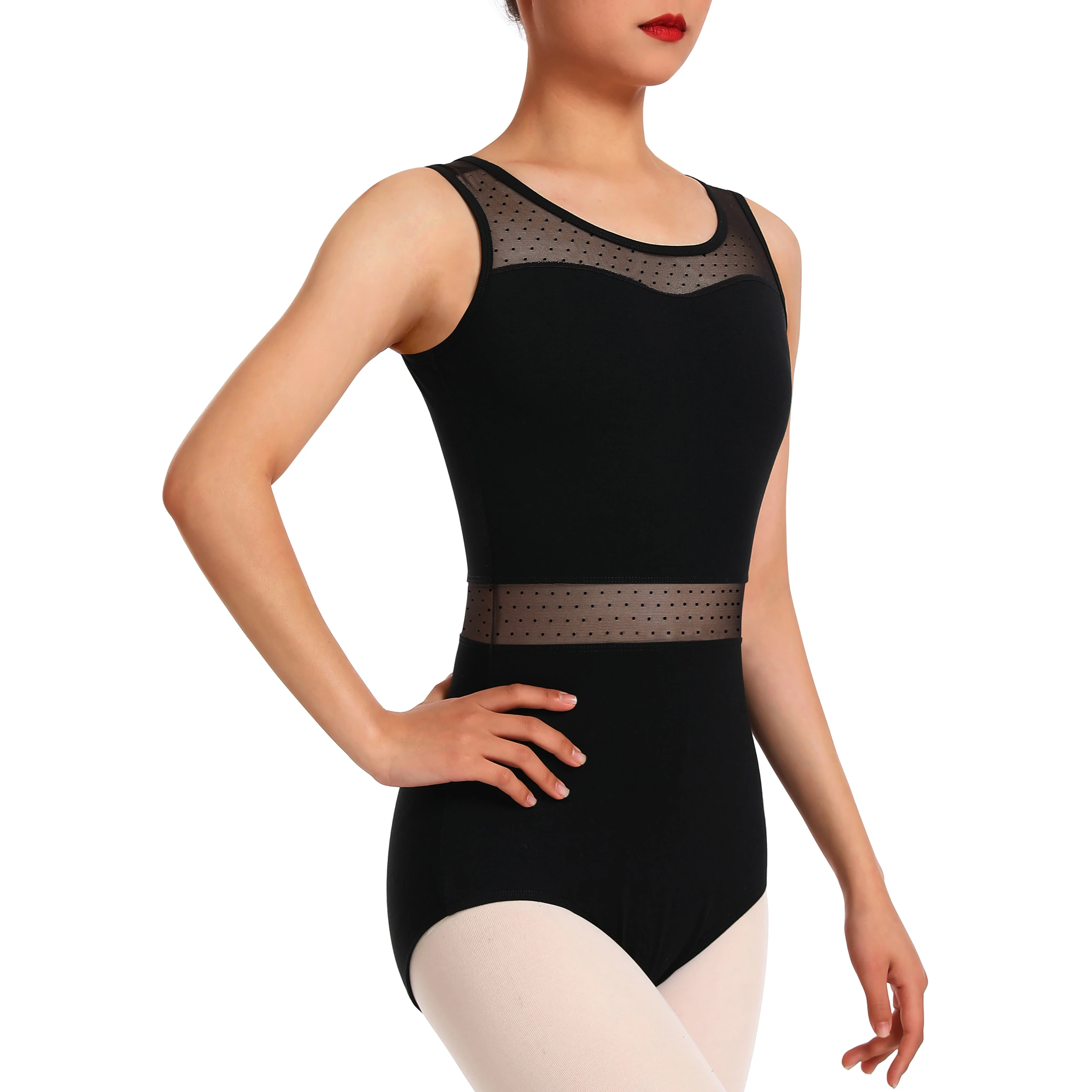 Womens Dance Leotard for Ballet Hollow Back, Mesh Neckline Panel, Chest Lining