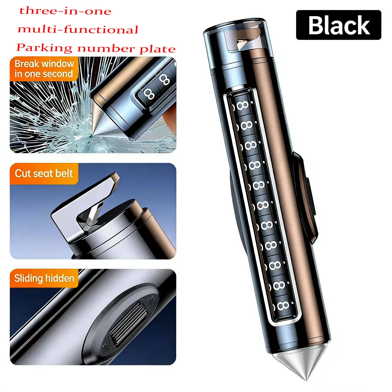 Car parking phone number plate safety hammer window glass breaker seat belt cutter three in one emergency escape rescue gadget