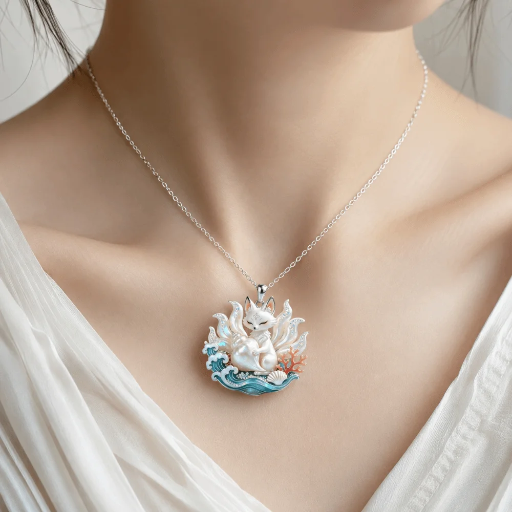 Exquisite Enamel Pendant Necklace Trendy Fashion Traditional Nine-tailed Vixen Pendant Deer Mythology Style