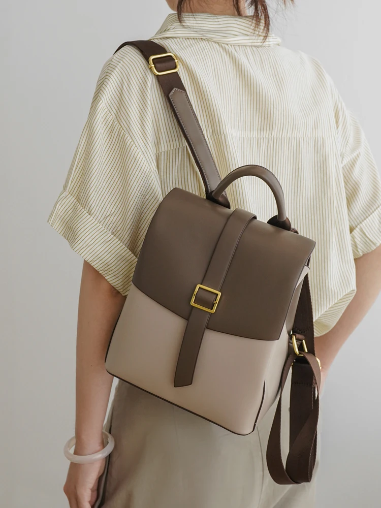 Fashionable High-Quality Dual-Shoulder Bag Women's Travel Backpack Color Block Retro Artistic Style Zipper Closure Soft Material