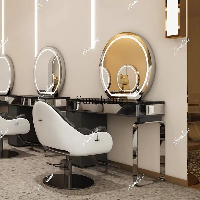 Special stainless steel titanium-plated barber shop with lamp single and double four-sided mirror table for hair salon   TF