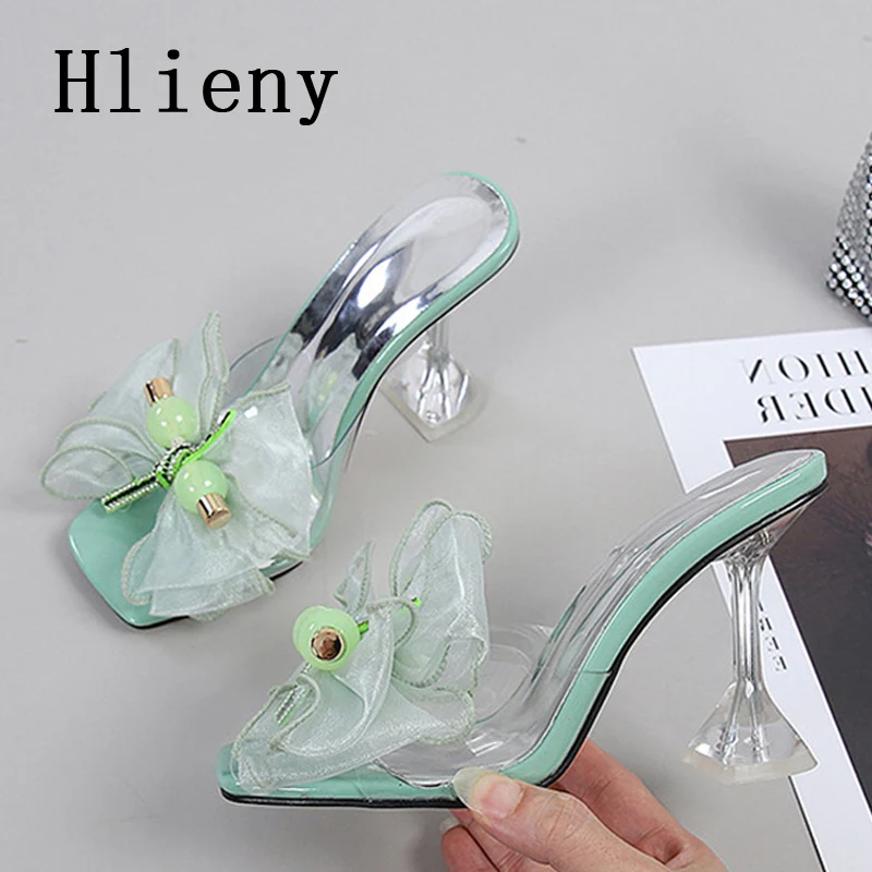 Hlieny Size 34-46 Summer Party Slippers Fashion Pink Bowknot Heels Sandals Women Square Open Toe PVC Transparent Shoes Slides