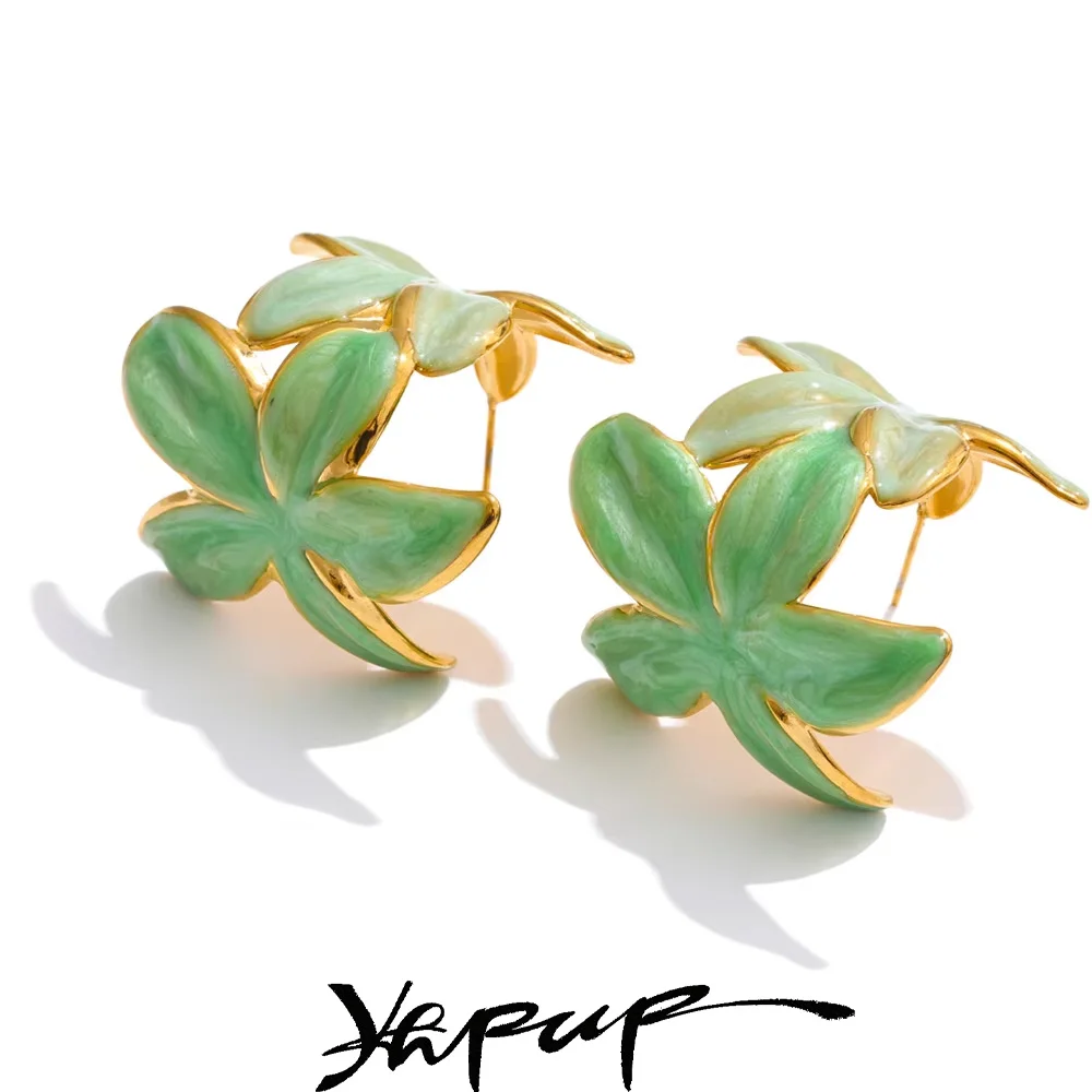 Yhpup Green Pink Enamel Golden Flower Huggie Earrings for Women Exquisite Stainless Steel Daily Versatile Fashion Jewelry Gift