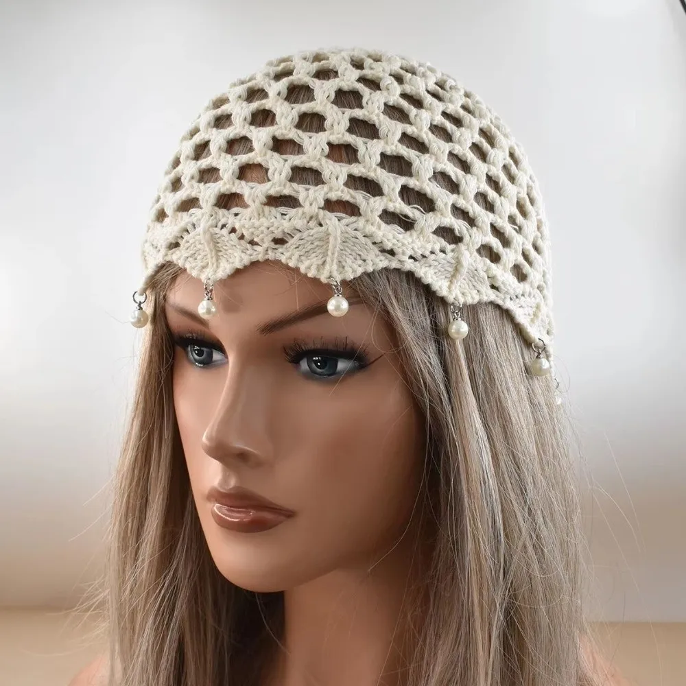 Hollow Out Crochet Knitted Hat Beads Tassels Decorative Design Hollow Knit Cap Handmade Charm Pullover Style Ethnic Style Cap