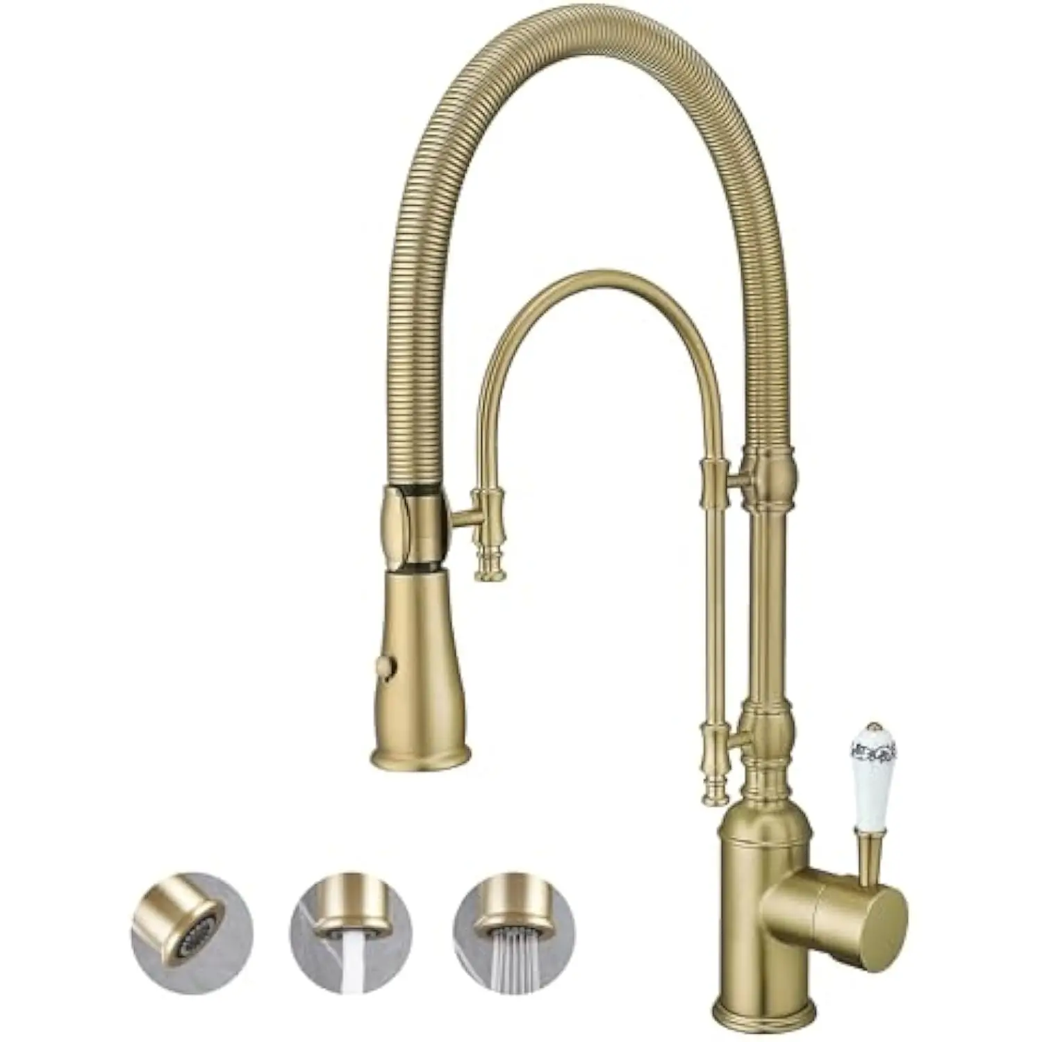 

Antique High Arc Classical Single Handle Spring Kitchen Faucet with Pull down Sprayer, Swiveling Commercial Kitchen Sink Faucet