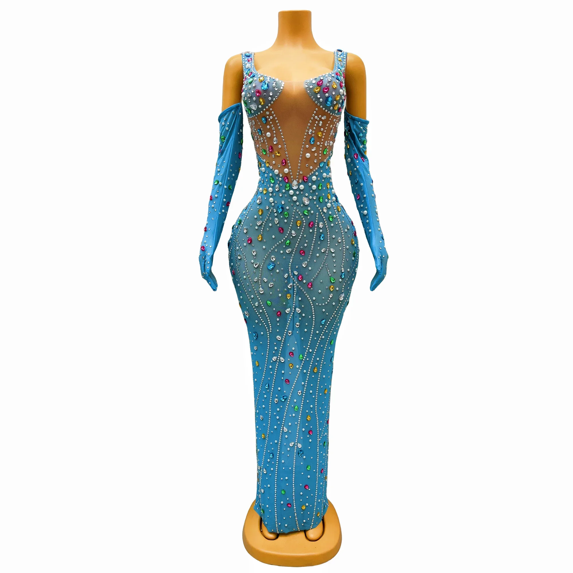 Performance Evening Costume Colorful Rhinestones Pearls Sexy Transparent Gloves Birthday Celebrate Prom Outfit