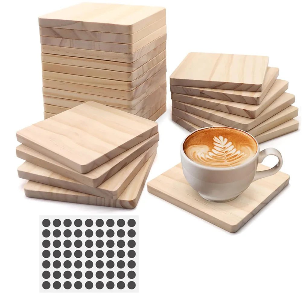 24pcs Unfinished Wood Coasters 4in Square Blank Wooden Coasters With Non-Slip Dots Sticker For DIY Stained Painting Home Decor