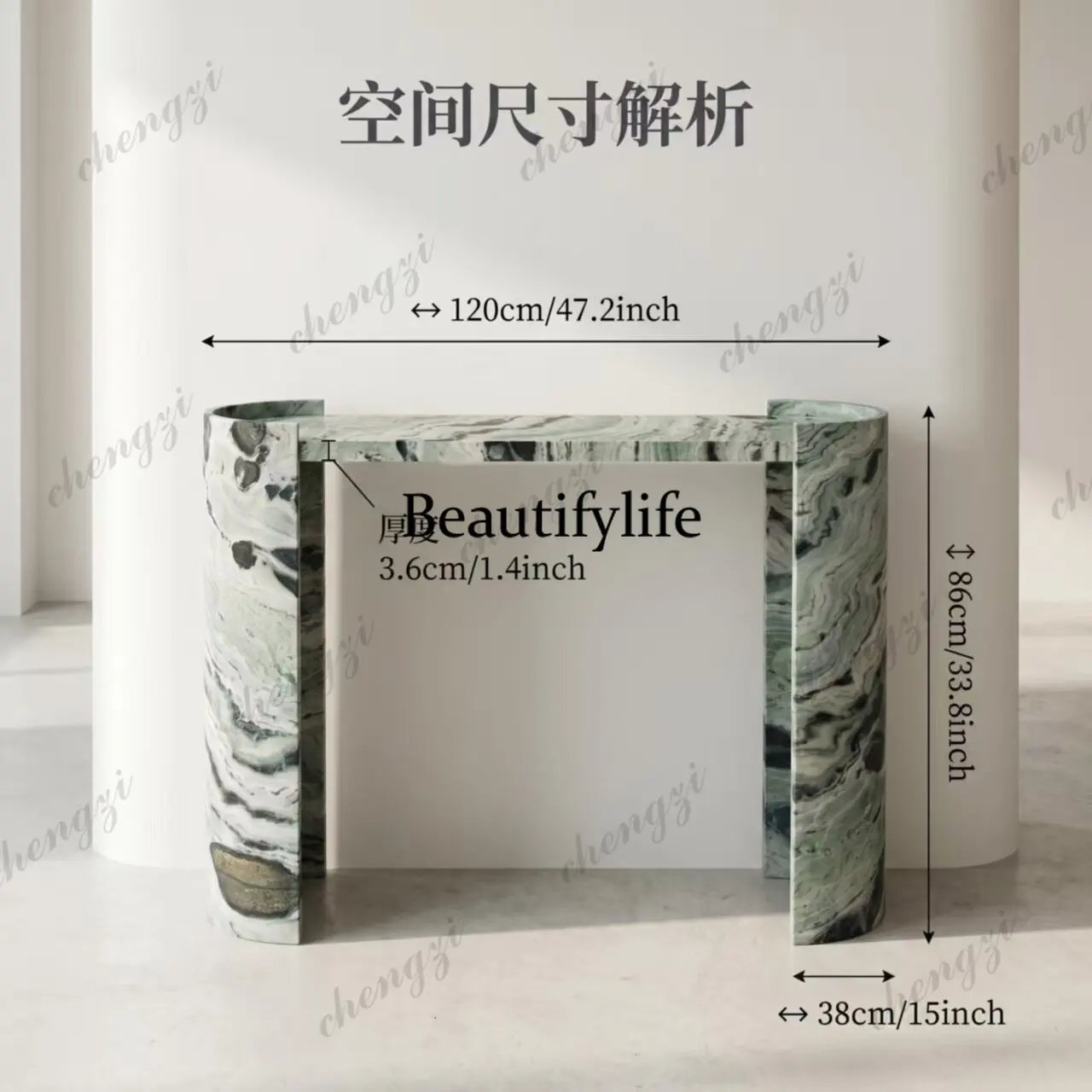 Natural jadeite green marble entryway table, modern minimalist curved integrated raw stone feature table