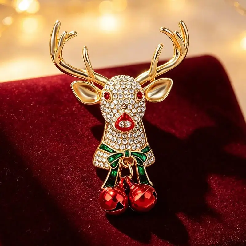 Gold Plated Christmas Reindeer Brooch With Sparkly Clear Rhinestones Red Bell Pendants For Holiday Party Outfit Decorations