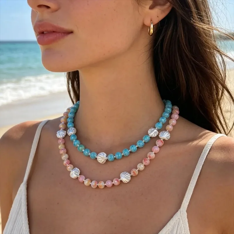 Handmade Shell Beaded Necklace Imitation Pearl Pendant Coated Flower Beads Women's Jewelry Ocean Style Fashion Accessory