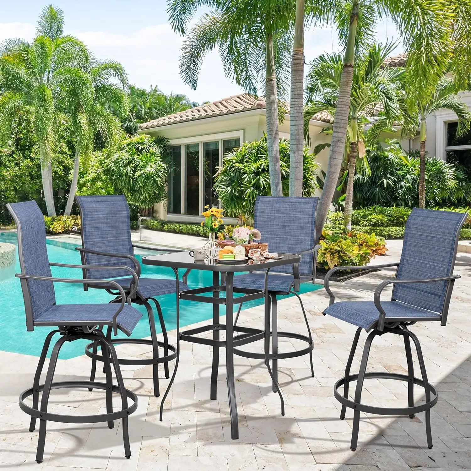 

5-компонентный поворотный бар для патио, всепогодный набор с высоким поворотом из ментального текстиля, уличный высокий набор для бистро для газона и сада, темно-серый