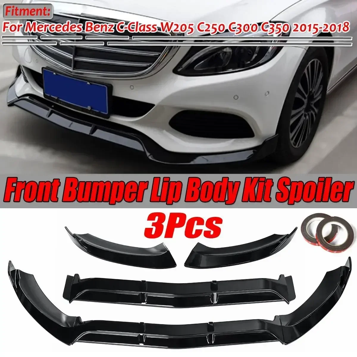 3Piece Car Front Bumper Splitter Lip Diffuser Guard Spoiler For Mercedes For Benz C-Class W205 C250 C300 C350 2015-2018 Body Kit