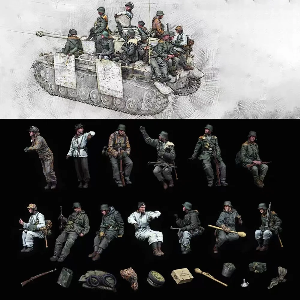 1/35 Resin Figure Unpainted Model Kit, World War II military theme, (13 soldiers, no tanks) Unassembled and unpainted GK,